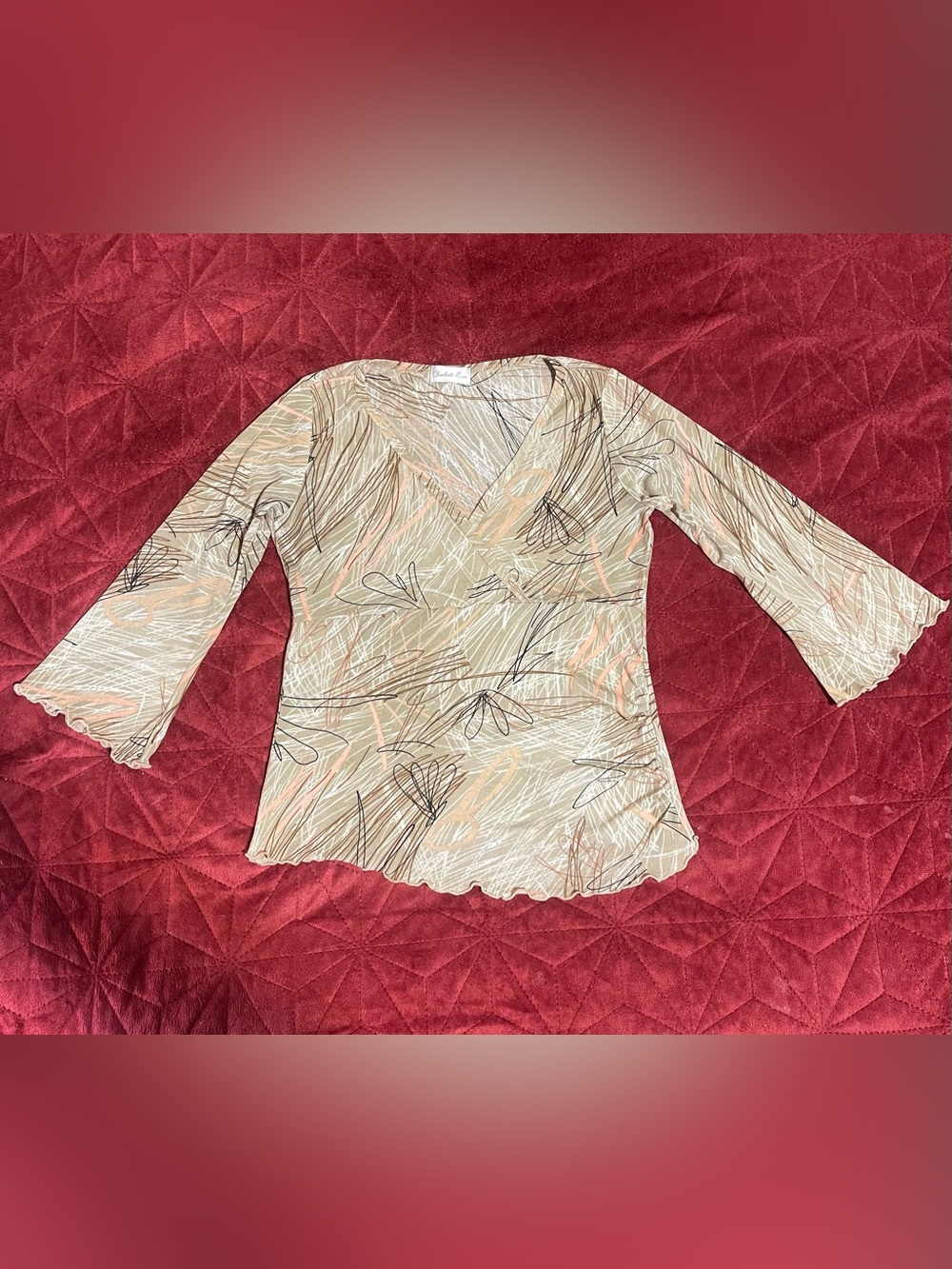 Vintage Charlotte Russe Beige Abstract V-Neck Faux Crossover Lettuce Trim Top